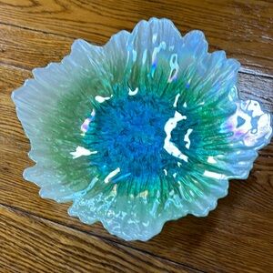 Dichroic lotus bowl, approximately 14”.  1950’s iridescent blues, green, white.